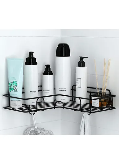 Bathroom Organization Corner Shelf With Side Hanger (L26.5 x W12 x H9.5)cm - Black