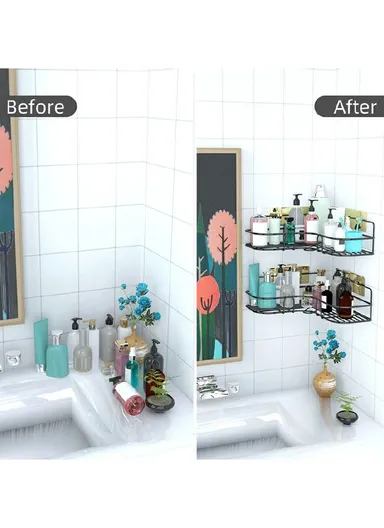 Bathroom Organization Corner Shelf With Side Hanger (L26.5 x W12 x H9.5)cm - Black