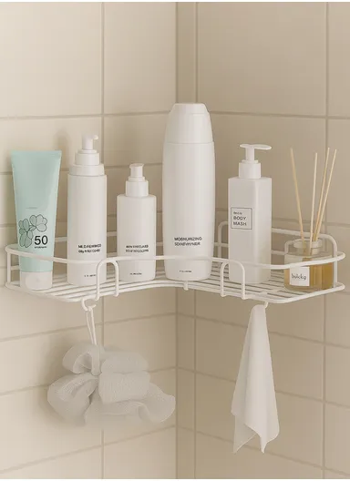 Bathroom Organization Corner Shelf With Side Hanger (L26.5 x W12 x H9.5)cm - Black