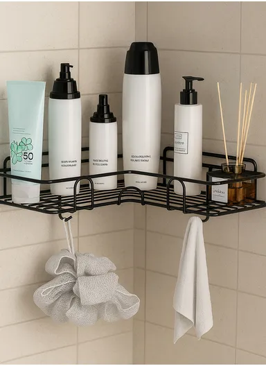 Bathroom Organization Corner Shelf With Side Hanger (L26.5 x W12 x H9.5)cm - Black