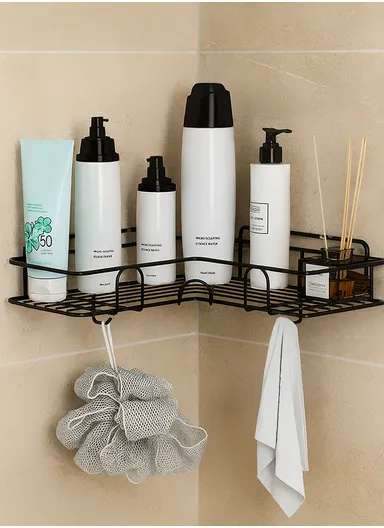 Bathroom Organization Corner Shelf With Side Hanger (L26.5 x W12 x H9.5)cm - Black