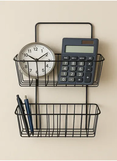 Iron Storage Rack Organizer, 2-Layer Wall Hanging Rack, Kitchen Storage Baskets, Bathroom accessories (L25.5 x W10 x H33.5) cm - Black