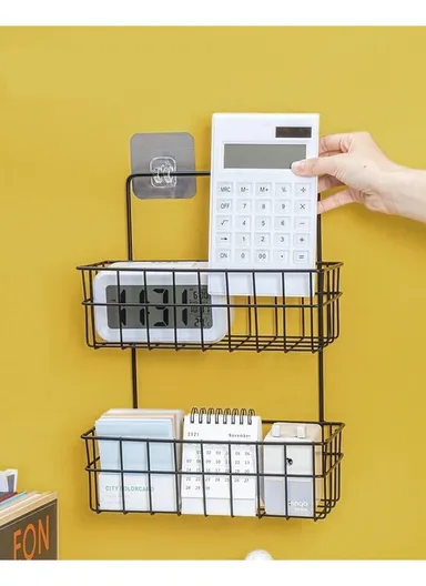 Iron Storage Rack Organizer, 2-Layer Wall Hanging Rack, Kitchen Storage Baskets, Bathroom accessories (L25.5 x W10 x H33.5) cm - Black