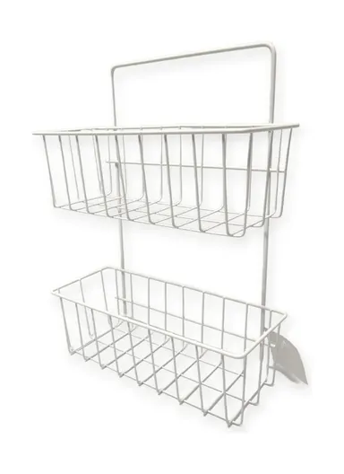 Iron Storage Rack Organizer, 2-Layer Wall Hanging Rack, Kitchen Storage Baskets, Bathroom accessories (L25.5 x W10 x H33.5) cm - White