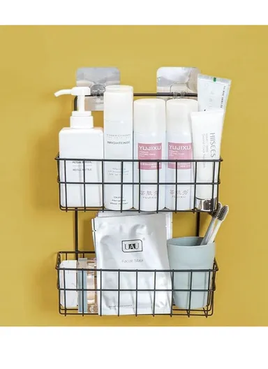 Iron Storage Rack Organizer, 2-Layer Wall Hanging Rack, Kitchen Storage Baskets, Bathroom accessories (L25.5 x W10 x H33.5) cm - White