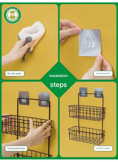 Iron Storage Rack Organizer, 2-Layer Wall Hanging Rack, Kitchen Storage Baskets, Bathroom accessories (L25.5 x W10 x H33.5) cm - White