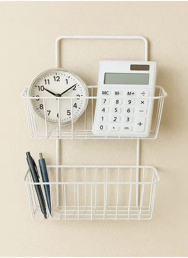 Iron Storage Rack Organizer, 2-Layer Wall Hanging Rack, Kitchen Storage Baskets, Bathroom accessories (L25.5 x W10 x H33.5) cm - White