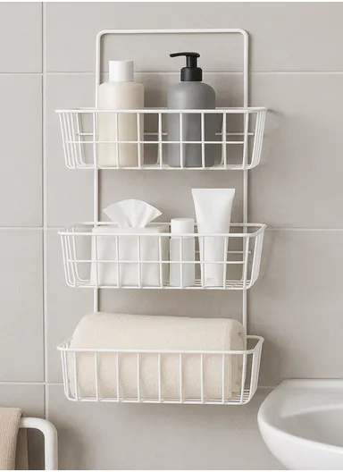 Iron Storage Rack Organizer, 3-Layer Wall Hanging Rack, Kitchen Storage Baskets, Bathroom accessories (L25.5 x W10 x H51) cm - white