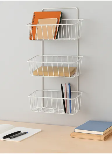 Iron Storage Rack Organizer, 3-Layer Wall Hanging Rack, Kitchen Storage Baskets, Bathroom accessories (L25.5 x W10 x H51) cm - white