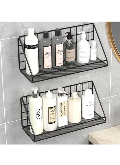 Iron Shower Caddy Bathroom Storage Shelf Adhesive Wall Mount Rack Basket  Bathroom (L35 x W12 x H15)cm - Black