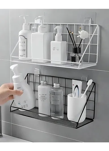 Iron Shower Caddy Bathroom Storage Shelf Adhesive Wall Mount Rack Basket  Bathroom (L35 x W12 x H15)cm - White