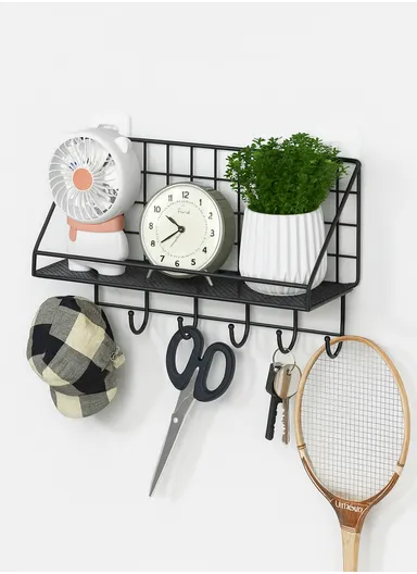 Organizer Rack - Spacious Stainless Steel Shelf With 6 Additional Hooks, Tool-Free Installation (L35 x W12 x H20)cm - Black