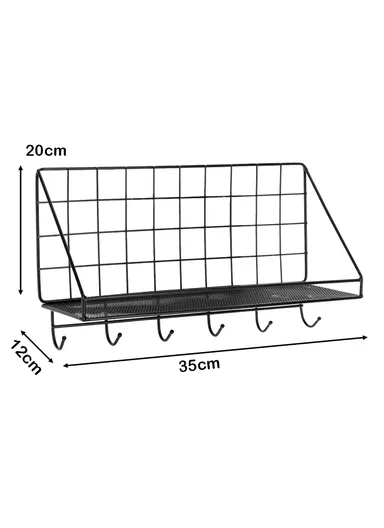 Organizer Rack - Spacious Stainless Steel Shelf With 6 Additional Hooks, Tool-Free Installation (L35 x W12 x H20)cm - Black