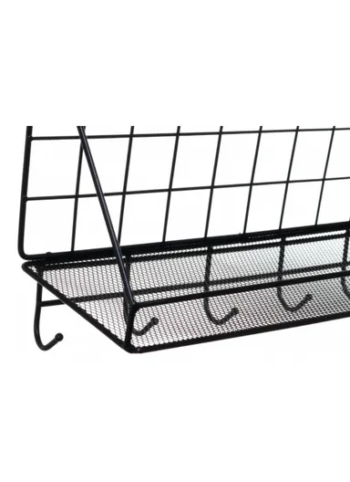 Organizer Rack - Spacious Stainless Steel Shelf With 6 Additional Hooks, Tool-Free Installation (L35 x W12 x H20)cm - Black