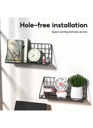 Organizer Rack - Spacious Stainless Steel Shelf With 6 Additional Hooks, Tool-Free Installation (L35 x W12 x H20)cm - Black