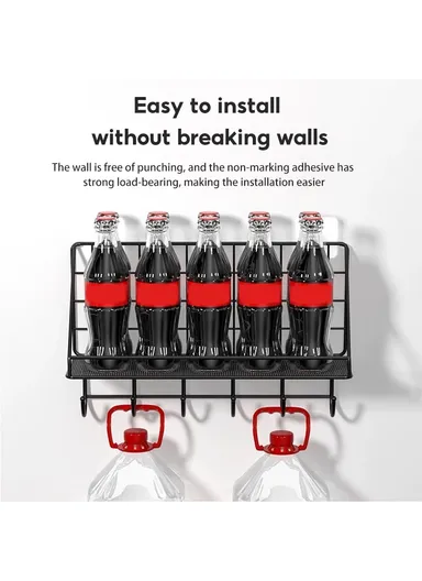 Organizer Rack - Spacious Stainless Steel Shelf With 6 Additional Hooks, Tool-Free Installation (L35 x W12 x H20)cm - White