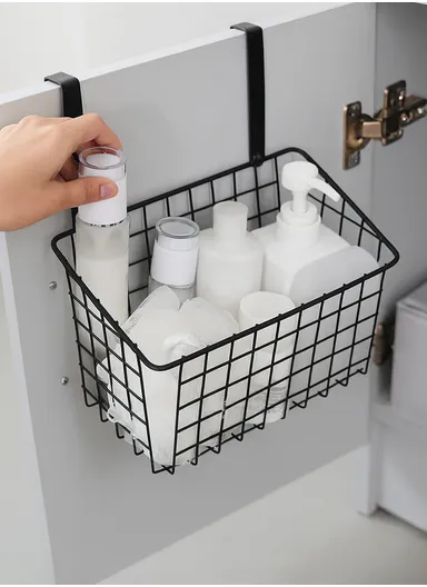 Hanging Door Rear Rack Grid Storage Basket with Hook Bathroom Kitchen Balcony Cabinet Door Rack Hanging Basket Storage Organizer (L23 x W11 x H27)cm - Black