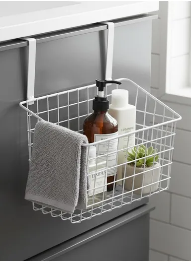 Hanging Door Rear Rack Grid Storage Basket with Hook, Over-Cabinet Organizer for Kitchen, Bathroom &amp; Balcony (L23 x W11 x H27)cm - White