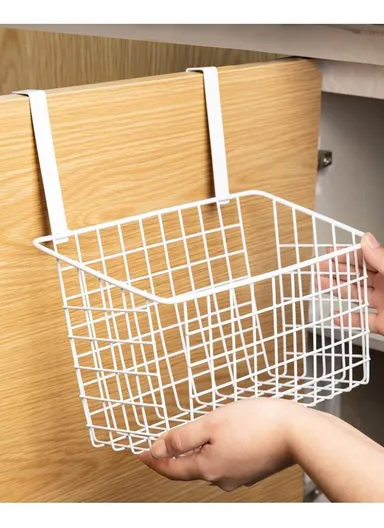 Hanging Door Rear Rack Grid Storage Basket with Hook, Over-Cabinet Organizer for Kitchen, Bathroom &amp; Balcony (L23 x W11 x H27)cm - White