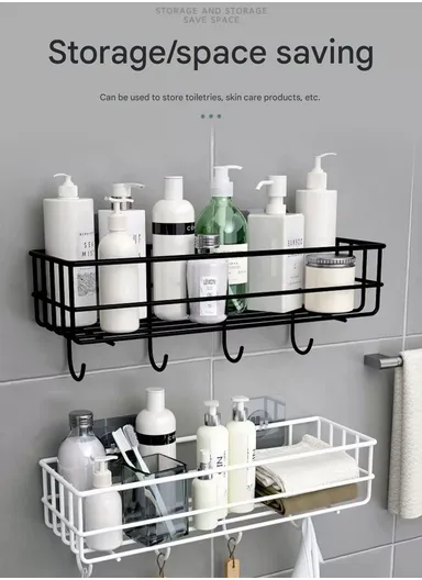 Bathroom organizer, Iron bathroom rack wall-mounted shower gel storage rack, toilet punch-free wash rack (L27.5 x W10 x H10) cm - Black