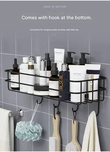 Bathroom organizer, Iron bathroom rack wall-mounted shower gel storage rack, toilet punch-free wash rack (L27.5 x W10 x H10) cm - Black