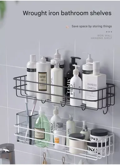 Bathroom organizer, Iron bathroom rack wall-mounted shower gel storage rack, toilet punch-free wash rack (L27.5 x W10 x H10) cm - Black