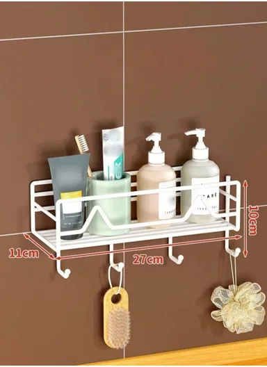 Bathroom Organizer Rack Spacious Stainless Steel Shelf With 4 Additional Hooks, Tool-Free Installation (L27 x W11 x H10)cm - Black