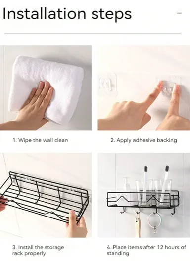 Bathroom Organizer Rack Spacious Stainless Steel Shelf With 4 Additional Hooks, Tool-Free Installation (L27 x W11 x H10)cm - Black