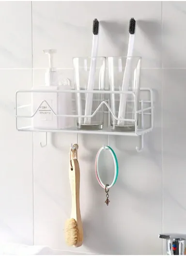 Bathroom Organizer Rack Spacious Stainless Steel Shelf With 4 Additional Hooks, Tool-Free Installation (L27 x W11 x H10)cm - Black