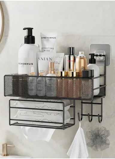 Wall-Mounted Bathroom Organizer Shelf, Metal Mesh Shower Caddy with Hooks &amp; Towel Bar, Kitchen Spice Rack CY-0164 - Black