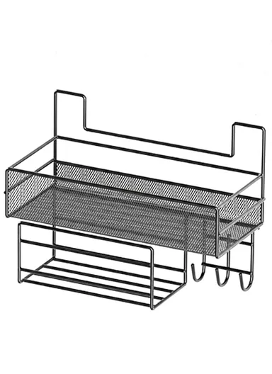 Wall-Mounted Bathroom Organizer Shelf, Metal Mesh Shower Caddy with Hooks &amp; Towel Bar, Kitchen Spice Rack CY-0164 - Black