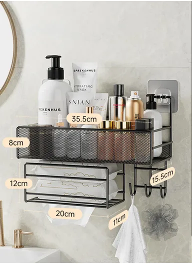 Wall-Mounted Bathroom Organizer Shelf, Metal Mesh Shower Caddy with Hooks &amp; Towel Bar, Kitchen Spice Rack CY-0164 - Black