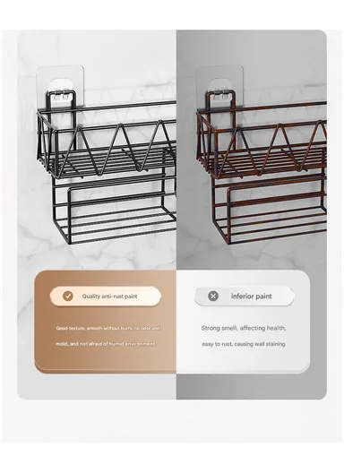 Wall-Mounted Bathroom Organizer Shelf, Metal Mesh Shower Caddy with Hooks &amp; Towel Bar, Kitchen Spice Rack CY-0164 - Black