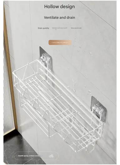 Wall-Mounted Bathroom Organizer Shelf, Metal Mesh Shower Caddy with Hooks &amp; Towel Bar, Kitchen Spice Rack CY-0164 - Black