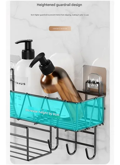 Wall-Mounted Bathroom Organizer Shelf, Metal Mesh Shower Caddy with Hooks &amp; Towel Bar, Kitchen Spice Rack CY-0164 - Black