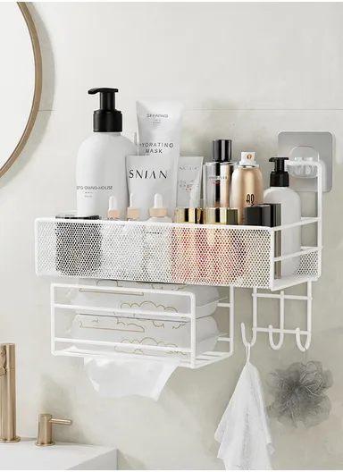 Wall-mount Bathroom Shelf Shampoo Rack Shower Caddy No Drilling Toilet Shelf Shower Organizer Storage Rack Bathroom Accessories (L36 x W15 x H27)cm - White