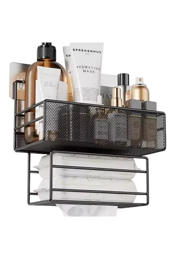 Adhesive Multipurpose Storage Shelf for Kitchen &amp; Bathroom with Paper Towel Holder (L26 x W13.5 x H26)cm - Black