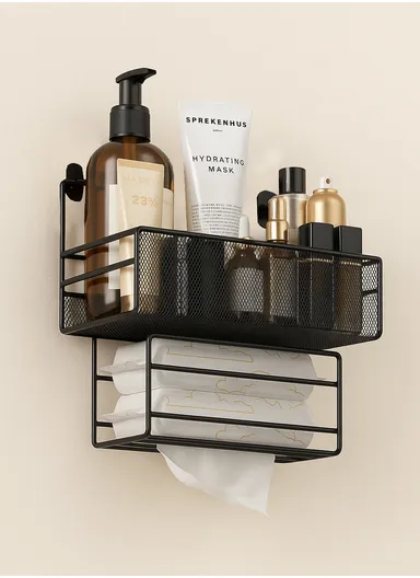 Adhesive Multipurpose Storage Shelf for Kitchen &amp; Bathroom with Paper Towel Holder (L26 x W13.5 x H26)cm- Black