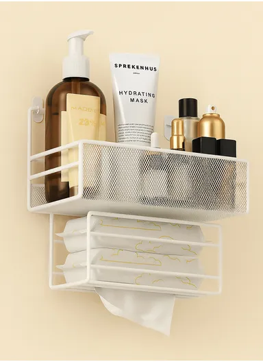 Adhesive Multipurpose Storage Shelf for Kitchen &amp; Bathroom with Paper Towel Holder (L26 x W13.5 x H26)cm- White