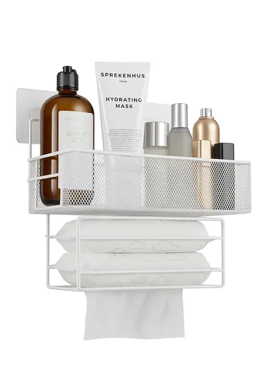 Adhesive Multipurpose Storage Shelf for Kitchen &amp; Bathroom with Paper Towel Holder (L26 x W13.5 x H26)cm - White