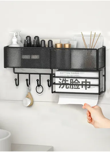 Bathroom Tissue Holder, Wall-Mounted Punch-Free Household Wash Basin Cosmetics Storage Disposable Face Towel Rack (L40 x W13.5 x H19.5)cm - Black