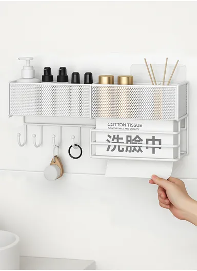 Bathroom Tissue Holder, Wall-Mounted Punch-Free Household Wash Basin Cosmetics Storage Disposable Face Towel Rack (L40 x W13.5 x H19.5) cm - White