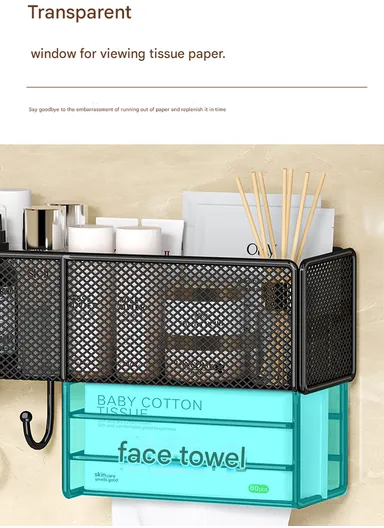 Bathroom Tissue Holder, Wall-Mounted Punch-Free Household Wash Basin Cosmetics Storage Disposable Face Towel Rack (L40 x W13.5 x H19.5) cm - White