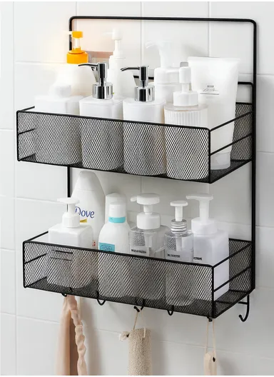 2-Layer Wall Hanging Rack Organizer, Kitchen Storage Baskets, Bathroom accessories (L36 x W16 x H44.5)cm - Black
