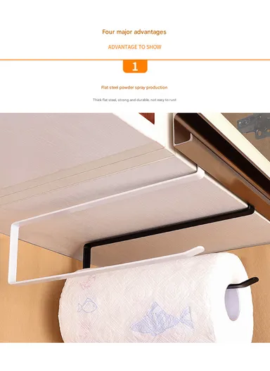 Metal Paper Towel Rack Hanging Over Kitchen Cabinet Door Punch-free Rag Rack Storage Hanging Rod Metal Iron Art (L26 x W1.5 x H12)cm - White
