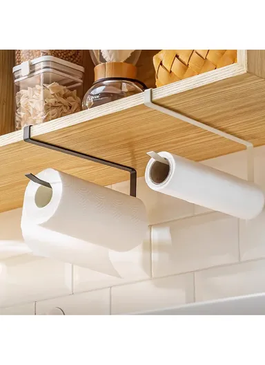 Metal Paper Towel Rack Hanging Over Kitchen Cabinet Door Punch-free Rag Rack Storage Hanging Rod Metal Iron Art (L26 x W1.5 x H12)cm - White