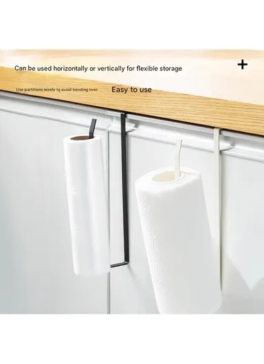 Metal Paper Towel Rack Hanging Over Kitchen Cabinet Door Punch-free Rag Rack Storage Hanging Rod Metal Iron Art (L26 x W1.5 x H12)cm - White