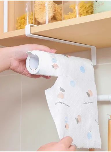 Metal Paper Towel Rack Hanging Over Kitchen Cabinet Door Punch-free Rag Rack Storage Hanging Rod Metal Iron Art (L26 x W1.5 x H12)cm - White