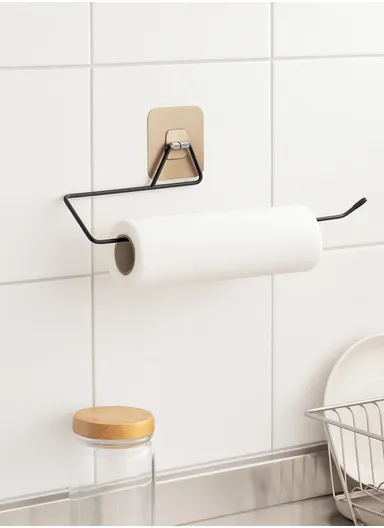 Multipurpose Self Adhesive Wall Mounted Hanger for Tissue &amp; Towel Holder Rack for Bathroom &amp; Kitchen (L30 x W9 x H4)cm - Black