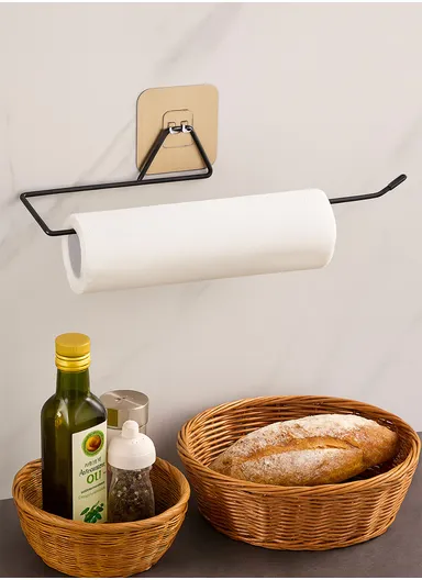 Multipurpose Self Adhesive Wall Mounted Hanger for Tissue &amp; Towel Holder Rack for Bathroom &amp; Kitchen (L30 x W9 x H4)cm - Black